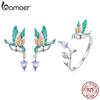 BAMOER 925 Sterling Silver Kingfisher Open Ring and Kingfisher Stud Earrings Colored Enamel Process Jewerly Set for Women Gift