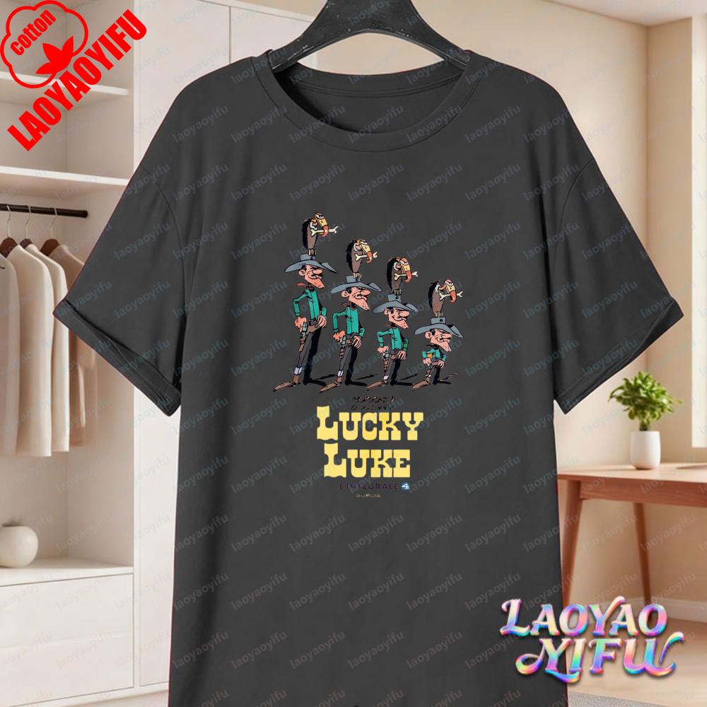 Lucky Luke Full Cast Print Casual Tops Playful Western Cartoon Cotton Tee Funny Vintage Classic Anime Shirt Trend Unisexs Clothing
