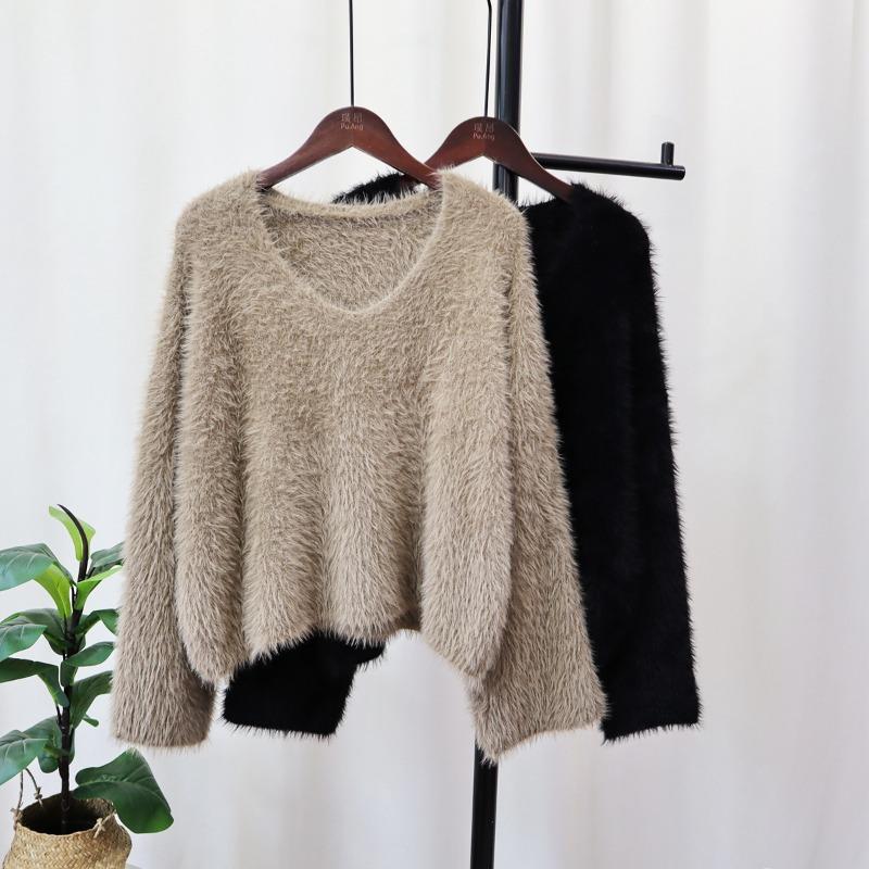 Imitation Mink Fleece Sweater Pullover Women's Autumn and Winter New Gentle Wind Soft Waxy Loose Short Knitted Sweater Top