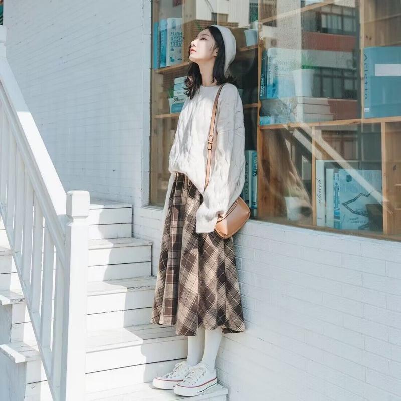 Mori Girl, осенне-зимняя женская элегантная юбка с высокой талией, винтажная клетчатая теплая шерстяная юбка, шерстяные шикарные розовые, синие, цвета хаки, женские юбки