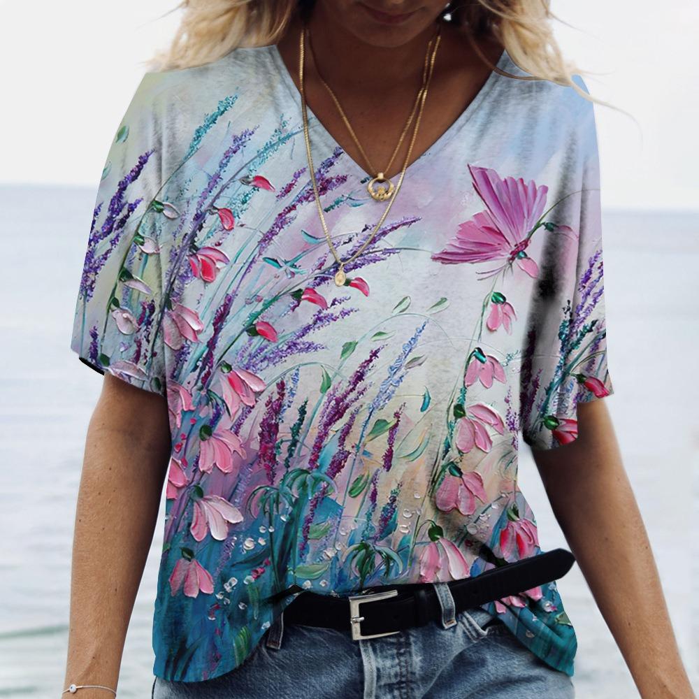 3D Art Print Tops Свободные футболки с коротким рукавом Летняя уличная мода Повседневные свободные женские футболки с V-образным вырезом Женская одежда