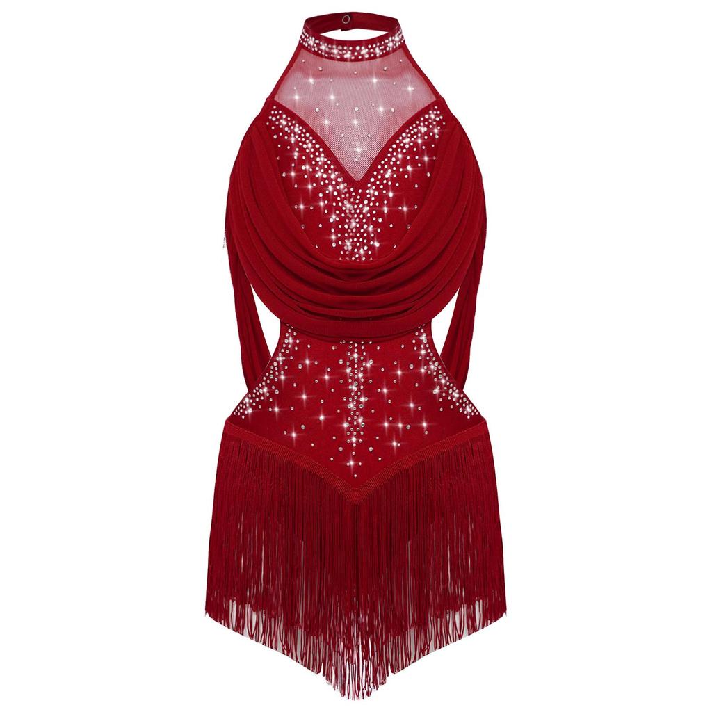 Girls Latin Dance Leotard Ruched Mesh Drapes Cutout Tassel Design Glittery Rhinestones Costume