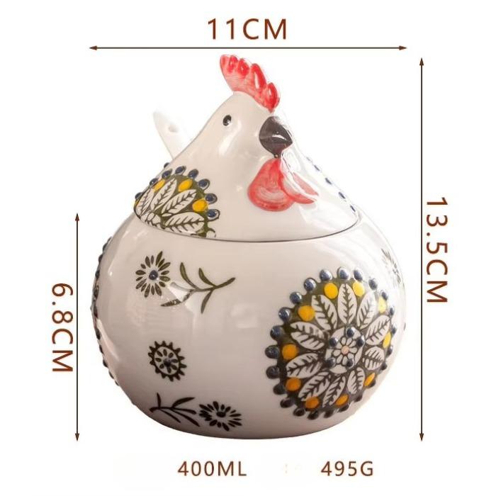 Cute Simple Little Chicken Seasoning Jar Creative Underglaze Painted Hand-painted Household Ceramic Container with Lid and Spoon