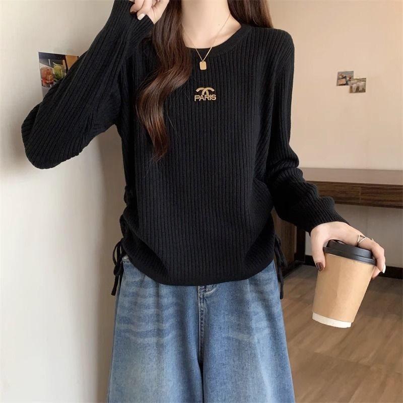 Ribbed Knitted Slimming Drawstring Sweater - Women's Korean Style Spring/Autumn Top