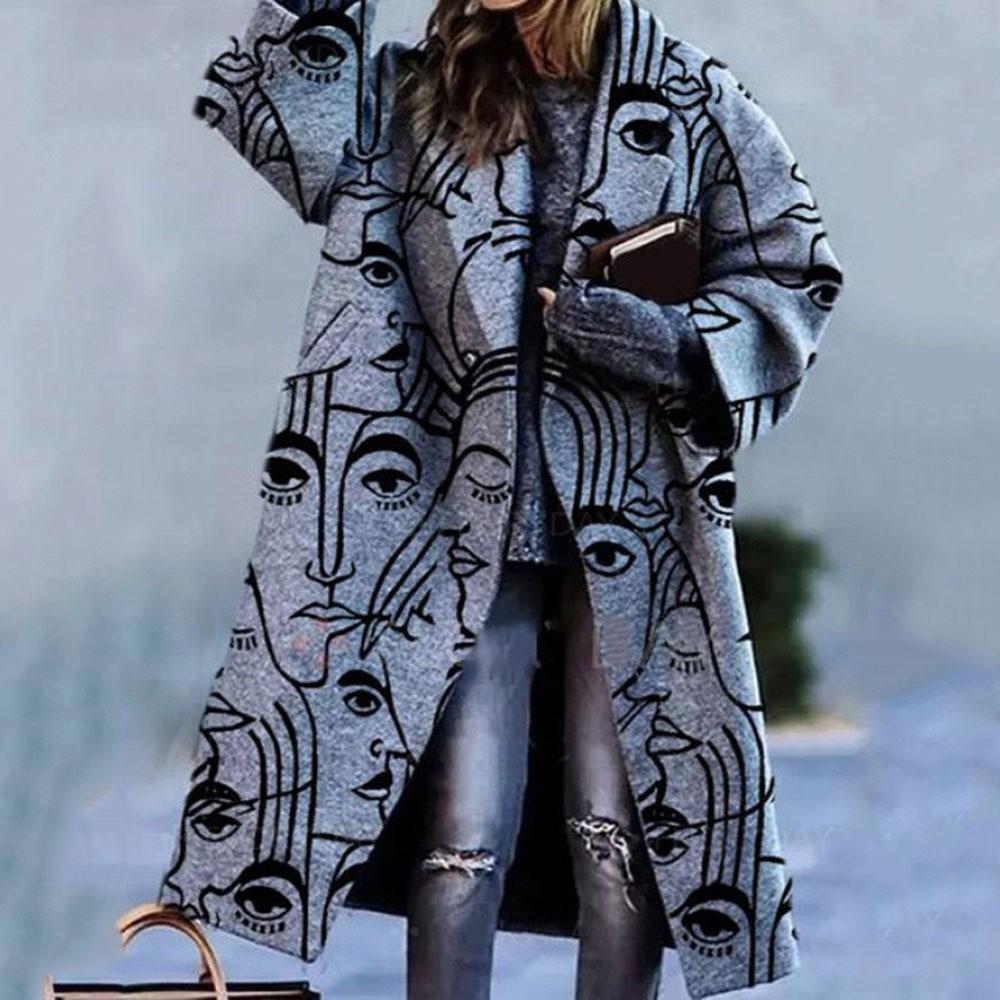 Europe And The United States Fall Women's Long-sleeved Lapel Coat Printed Tweed Long Coat