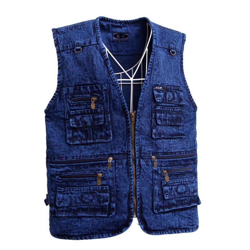 XL-5XL джинсовый жилет для среднего и пожилого возраста, мужской хлопковый жилет с несколькими карманами и удобрениями для увеличения весенне-осеннего мужского жилета