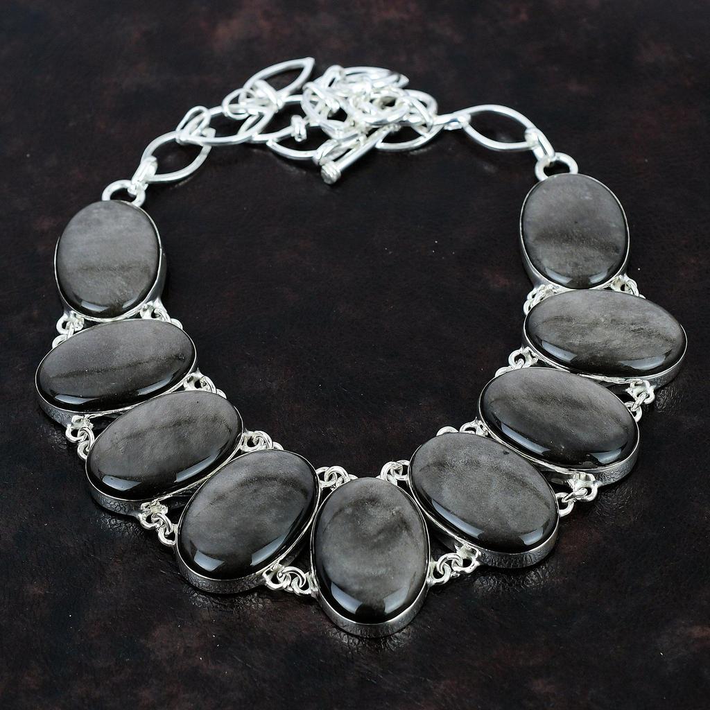 Silver Sheen Obsidian Necklace Real Gemstone Necklace 925 Sterling Silver Necklace Adjustable Chain Necklace Handmade Necklace Gift For Her