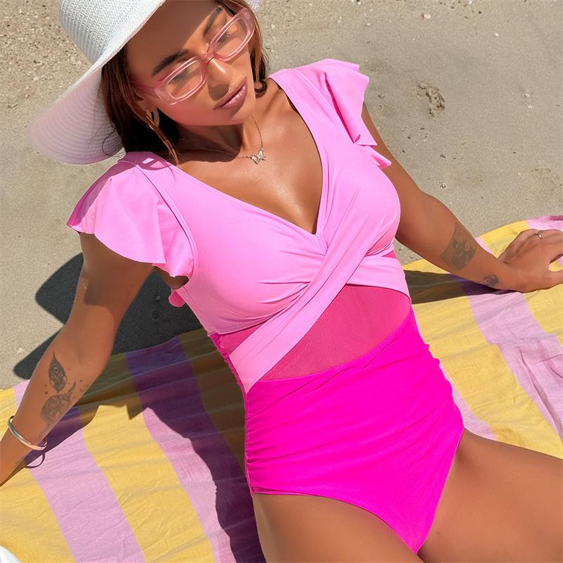 Однотонные купальные костюмы, летний купальный костюм с пуш-ап и v-образным вырезом, пляжное монокини, женский цельный купальник с рюшами, женский купальник