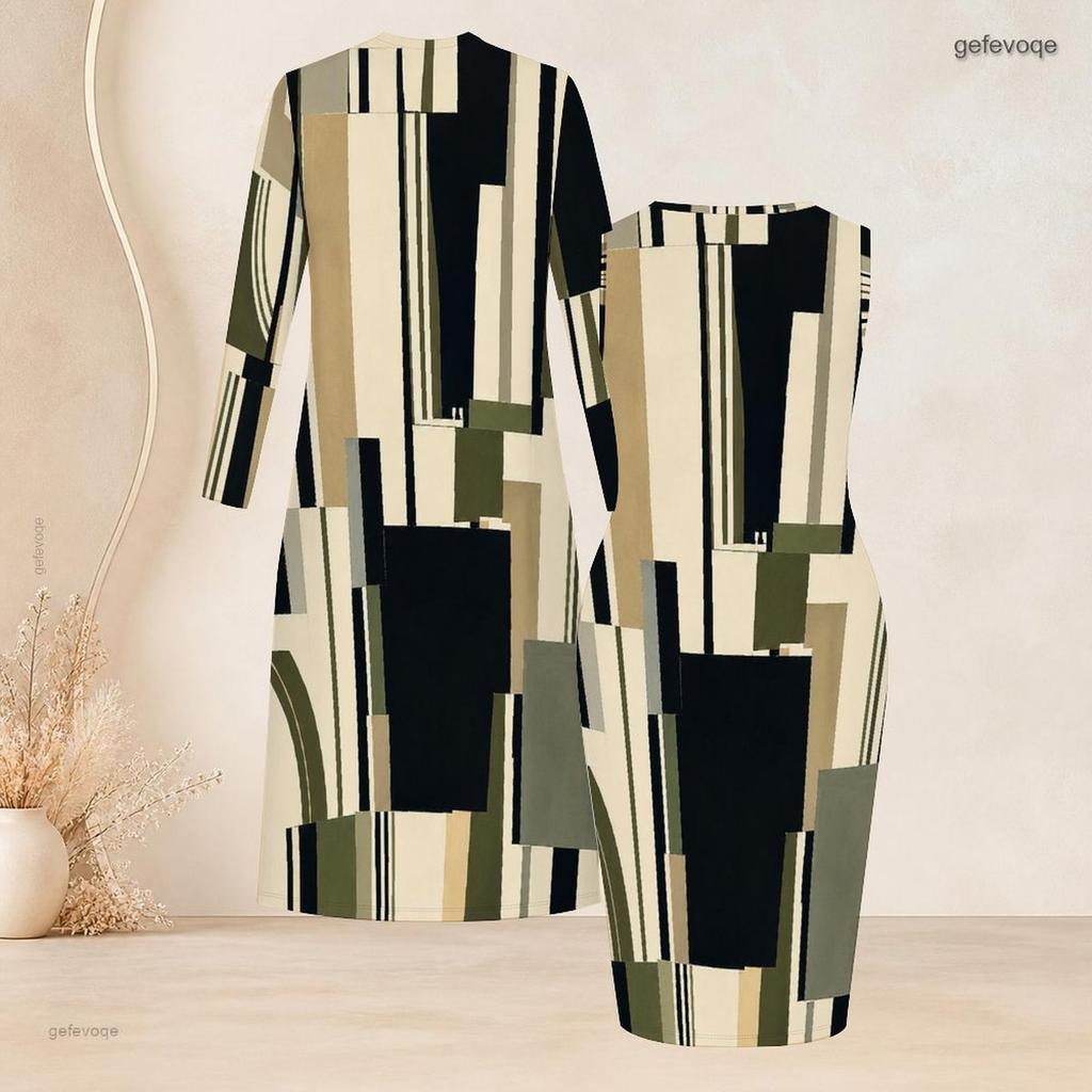 Women Plus Size Printed Two Piece Set Long Sleeve Open Front Long Cardigan Sleeveless Bodycon Dress