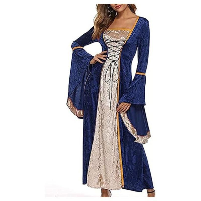 Женское расклешенное платье с длинными рукавами в стиле ретро из золотого бархата