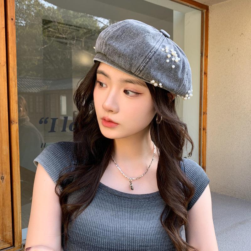 Весенне-осенняя шляпа женская маленькая ароматная ветровая жемчужина декоративный джинсовый берет высокая чувственность универсальная шляпа художника прилив
