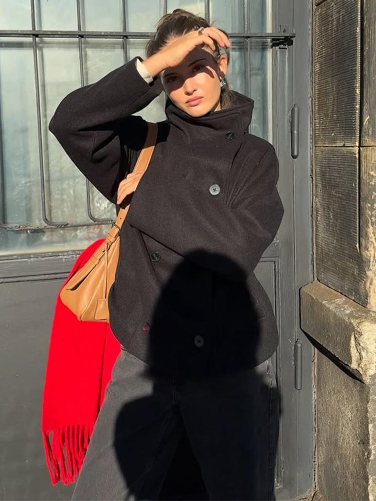 Однотонное двубортное короткое пальто с воротником-стойкой 2025 года - с длинным рукавом, Осень/Зима