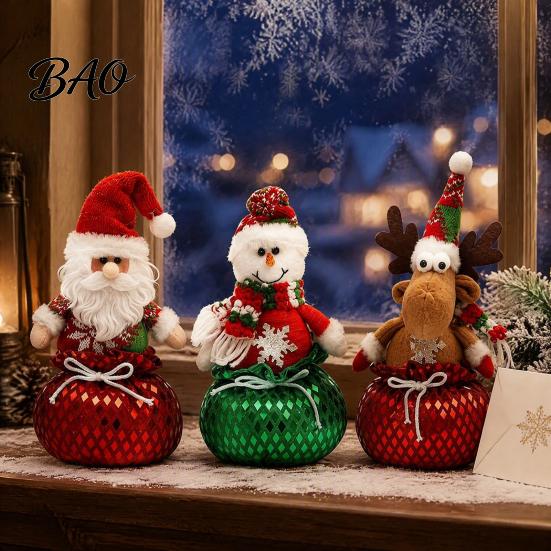 Elk Figurines for Christmas Sequins Santa Claus/Snowman/Elk Ornaments with Candies Storage Pocket, Holiday Party Supplies Red or Green Festive Figures
