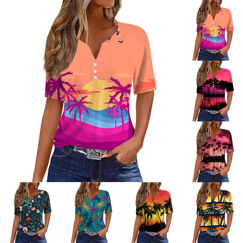 Women's T Shirt Hawaiian Print Button Short Sleeve Daily Weekend Fashion Basic V- Neck Regular Top
