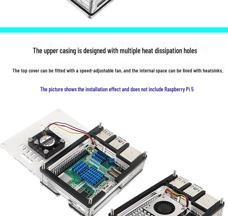 Корпус для Raspberry Pi 5: 9-слойный акриловый корпус со слотом для камеры, официальный радиатор, вентилятор с регулировкой скорости и медный радиатор