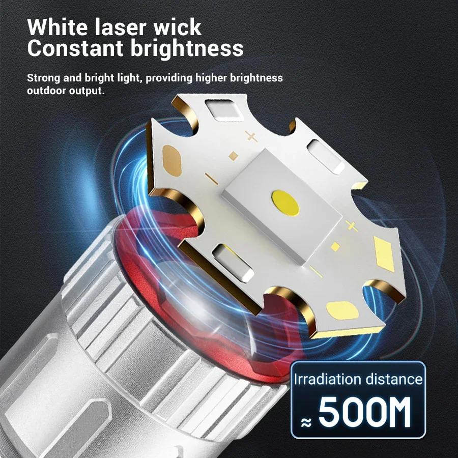 Мощный светодиодный фонарик Zoom White Laser, перезаряжаемый через Type-C, для кемпинга, улицы, охоты, рыбалки, освещения при ходьбе
