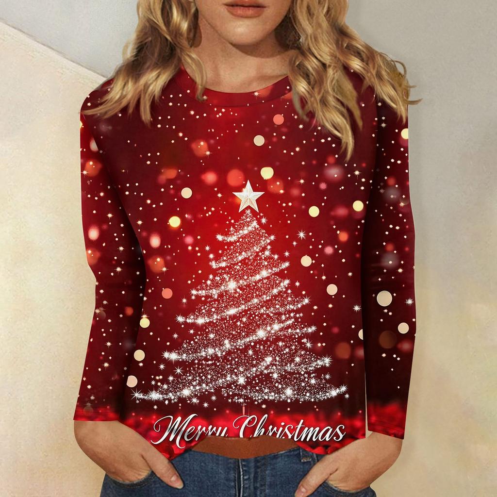 Женская мода повседневный рождественский принт круглый вырез длинный рукав пуловер топ