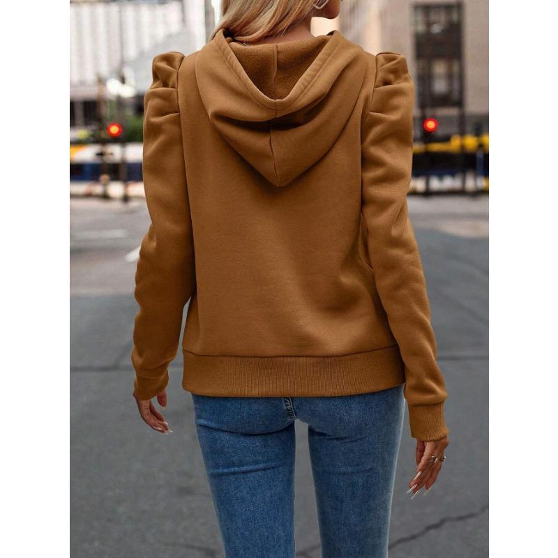 Women's Autumn and Winter Lapel Hooded Solid Colour Long Sleeve Casual Sweatshirt
