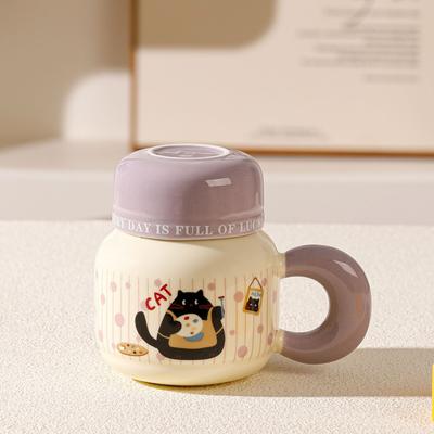 Милая мультяшная кружка для воды с крышкой, керамическая кружка, бытовой набор, нишевая повседневная чашка, чашка для девочек, термостойкая чашка