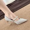 2025 French Stunning Silver Bow Pearl Pointed Thick Heel High Heels Temperament Socialite Wedding Dress Two Wear Wedding Shoes