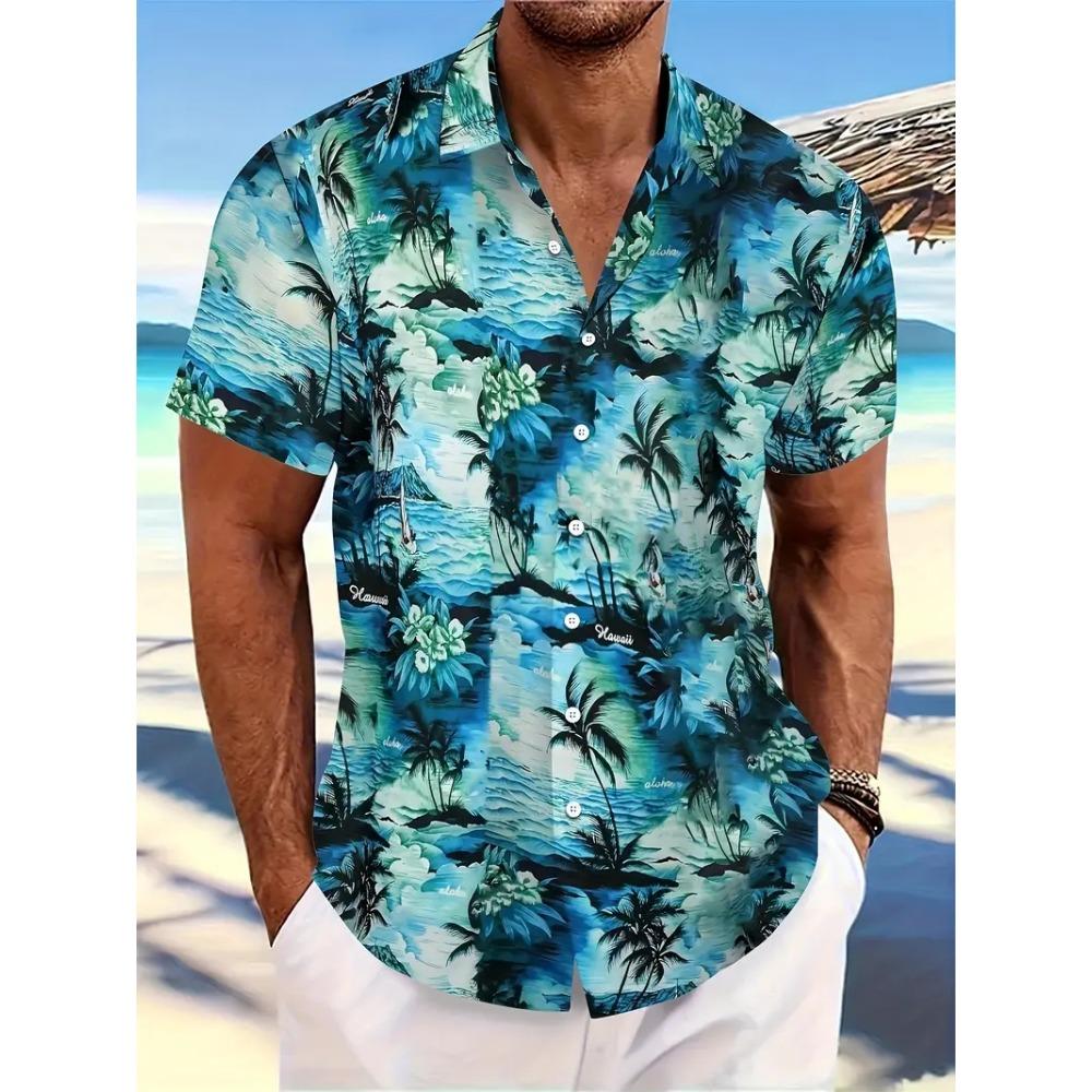 Men's Lapel Shirt Summer Beach Short Sleeve Outdoor Daily Shirt Tops Floral Printed Pattern Loose Men's Clothing