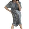 Summer Women Dress Small Flower Print Crew Neck Loose Short Sleeves Pleated Mid-calf Length Pullover Dating Shopping Midi Dress