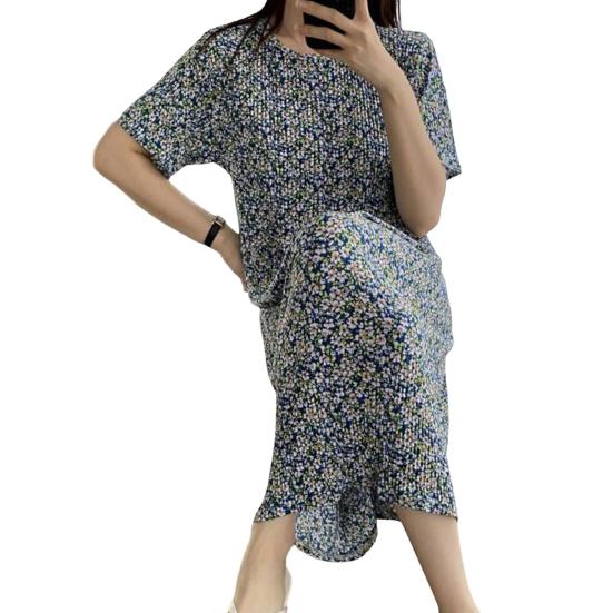 Summer Women Dress Small Flower Print Crew Neck Loose Short Sleeves Pleated Mid-calf Length Pullover Shopping Midi Dress