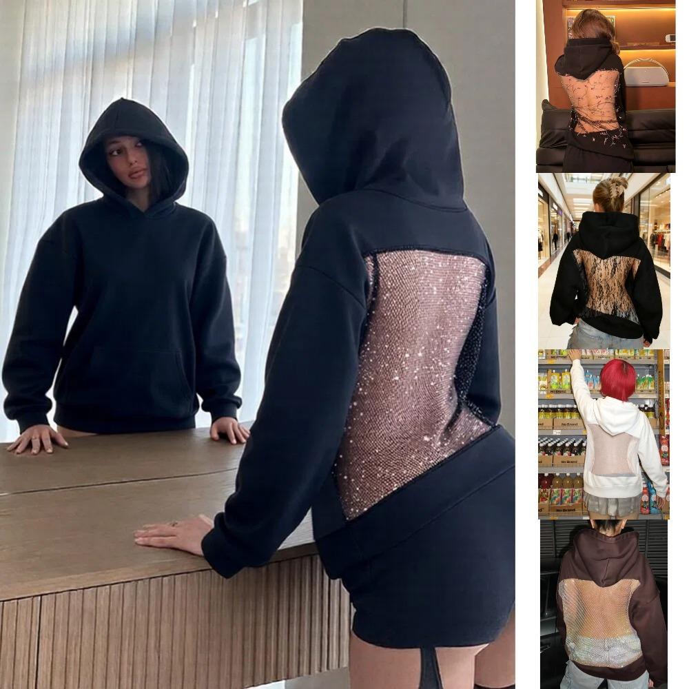 Женская модная толстовка с капюшоном, с длинными рукавами, с сетчатыми вырезами на спине, однотонная