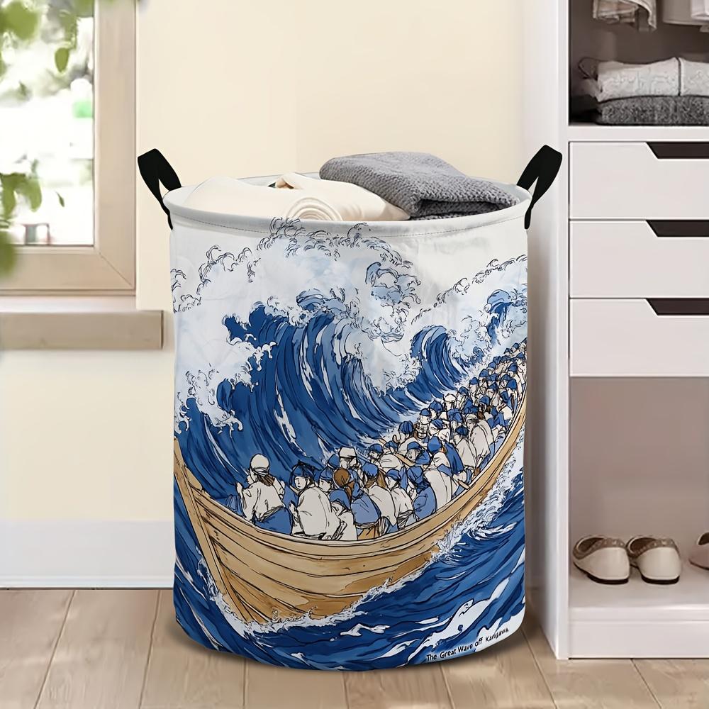 1pc Laundry Basket, Japanese-Style Printed Laundry Basket - Foldable Storage Basket with Black Handle, Suitable for Storing Clothes, Miscellaneous Ite