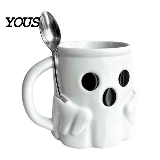 Halloween Party Drinkware Ice Cream Mug with Spoon Holder, 3D Printed Cute Ghost Mug, Shaped Coffee Drinking Cup Pen Holder Decor, Christmas Birthday
