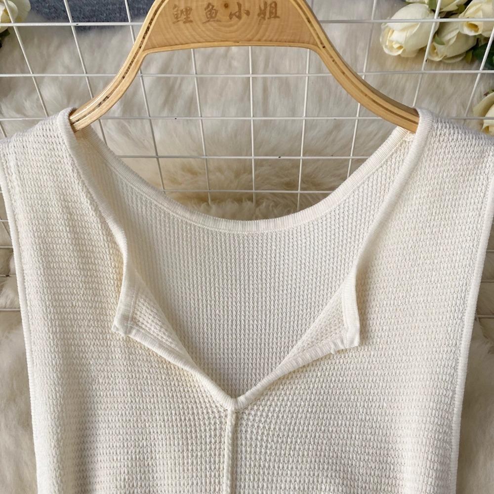 Foamlina Pure Color Knitting Dress для женщин Элегантный V-образный вырез без рукавов Летняя мода Тонкий вырез вечернее длинное платье