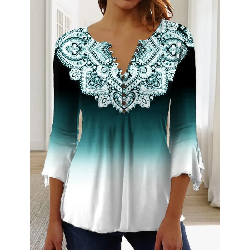 Весенне-летние топы, женская плиссированная футболка на пуговицах с v-образным вырезом и рукавами 3/4 с цветочным принтом