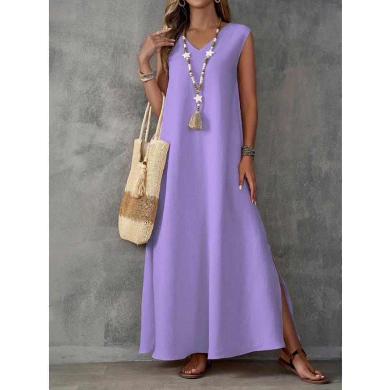 Sleeveless V-neck Side Split Summer Long Dress Elegant Fashion Loose Casual Simple A-line Party Maxi Long Dress Solid Color Woman Clothing