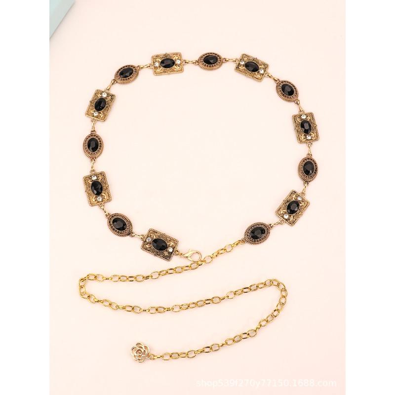 Mary Waist chain accessories Dress gold silver metal oval carved chain rhinestone belt Women's multi-hoop design