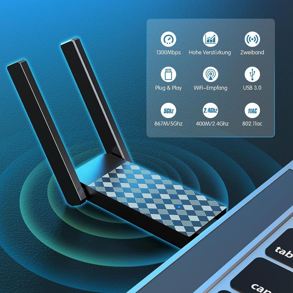 WLAN Stick для ПК, адаптер WLAN AC1300 USB 3.0 для ПК (867 Мбит/с 5 ГГц, 400 Мбит/с 2,4 ГГц) Двойная антенна WLAN 5 дБи для ноутбука/настольного компьютера/ПК