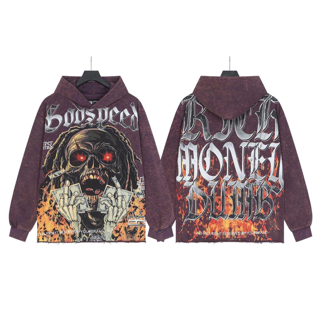 Худи с ретро-принтом 'God Bless America' в стиле рок-стрит, стиранное, повседневное, свободного кроя