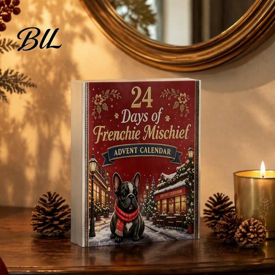 Daily Surprise Countdown Box 2D Acrylic French Bulldog Christmas Advent Calendar, Surprising Ornament Retro Style Holiday Gifts Set, Cute Xmas Hanging