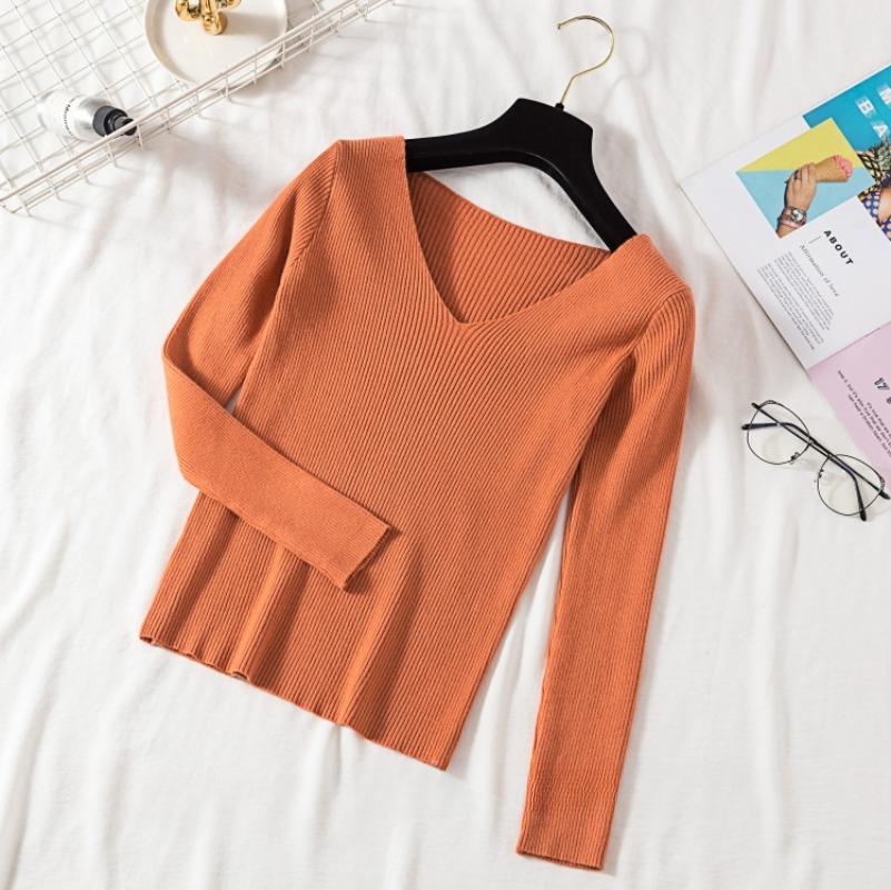 Autumn and Winter V-neck Long Sleeve Knitted Sweater Women Fashion Slim Fit Warm Base Sweaters Women Elegant Solid Casual Lady Knitwear Jumpers 25488