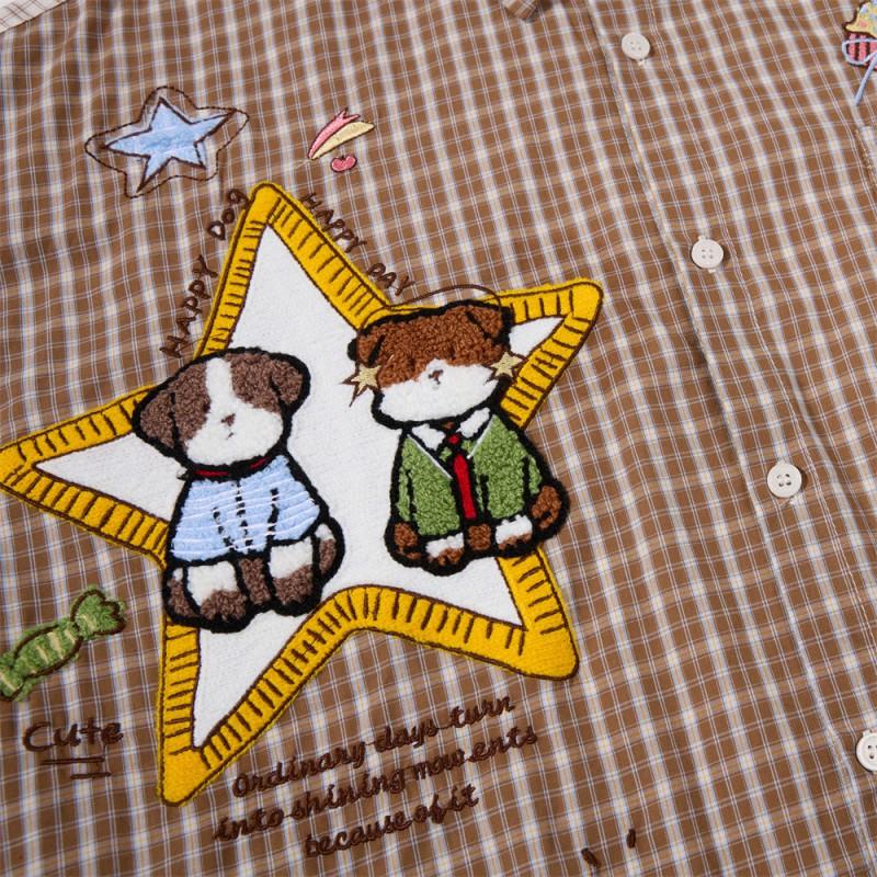 Mens Oversized Plaid Shirt With Embroidered Cartoon Details Casual Streetwear Long Sleeve Button-Up Fall