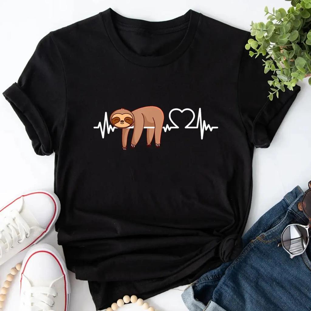 Милая футболка с принтом ленивца из мультфильма для женщин, футболка с круглым вырезом и коротким рукавом, повседневная футболка для девочек, одежда