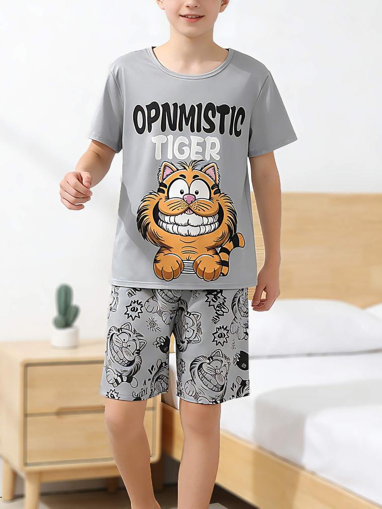 Teens Boys Clothing Sets Size 13-16 Years, Cartoon Print Grey Casual Crewneck Short Sleeve T-Shirt & Pants
