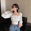 WTEMPO Women Black White Long Puff Sleeve Slim Cropped Tops Summer Solid Square Collar Chiffon Elegant Ins Blouses