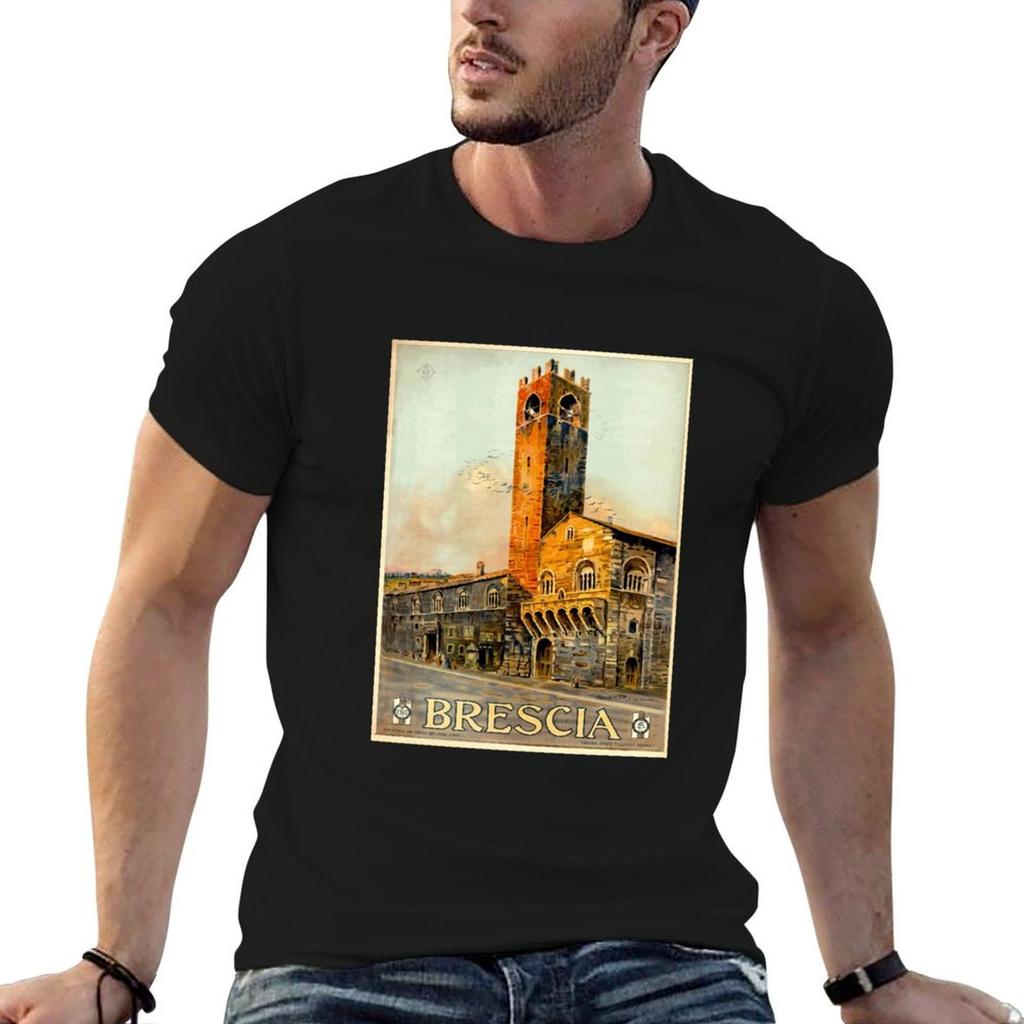 Brescia Italy Vintage Travel Poster Design TShirt Athletic Quick Dry TShirt for Unisex