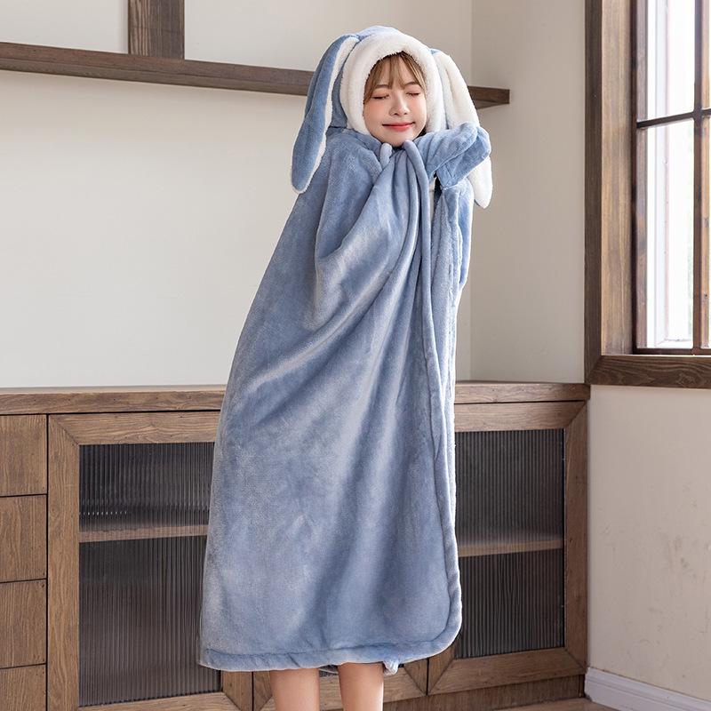 Уютная шаль с кроличьими ушками для осени и зимы - Толстое, милое одеяло для офиса, студентов или для сна