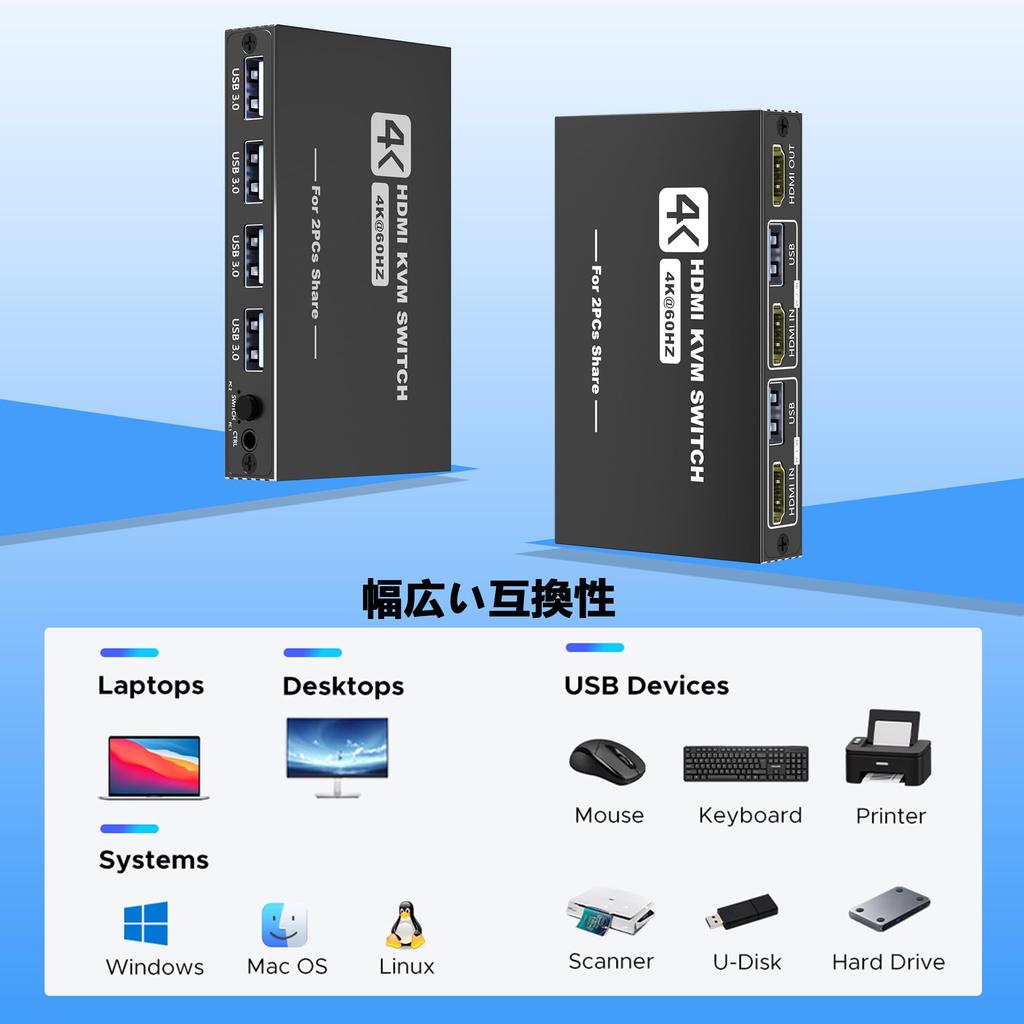 KVM-переключатель с 2 входами HDMI и 1 выходом, переключает между 2 ПК и 1 монитором, USB-переключатель 5 Гбит/с, позволяет использовать 1 принтер с 2 ПК, 4K@60Hz, 4 T