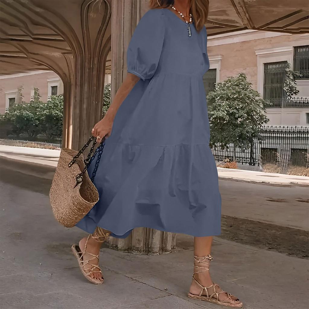 Модное женское свободное однотонное повседневное платье с пышными рукавами и короткими рукавами