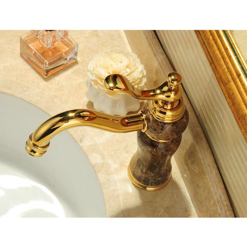 Латунный смеситель для горячей и холодной воды, золотой керамический декор, нефритовый смеситель для ванной комнаты, смеситель для раковины с одним отверстием