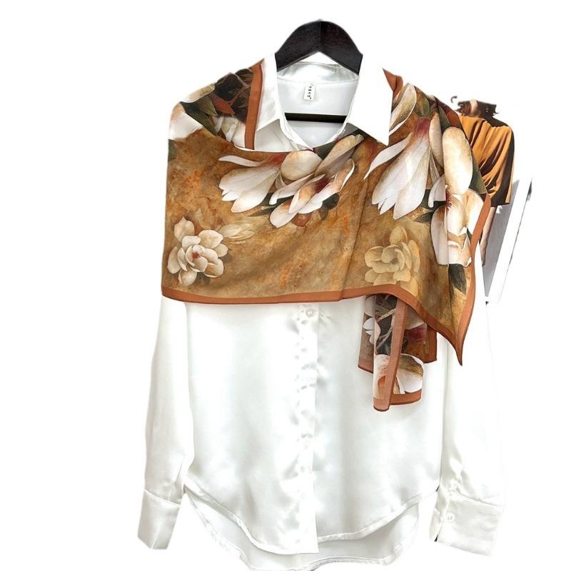 Oil painting magnolia thin silk crepe de chine scarf long scarf 100% mulberry silk summer sunscreen