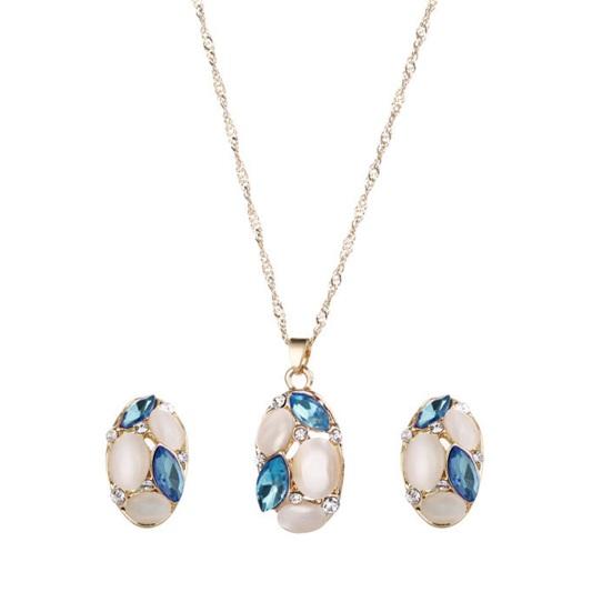 2 шт./компл., роскошный овальный кулон из искусственного опала, комплект ожерелья-гвоздиков с блестящими стразами, женский элегантный комплект серег и ожерелья