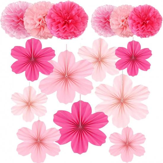 15PCS Pink Party Dressing Set, Tissue Paper Pom Poms Decorations and Hanging Pastel Flower Fan Suitable for Grad Birthday Wedding Party Wall Ceiling